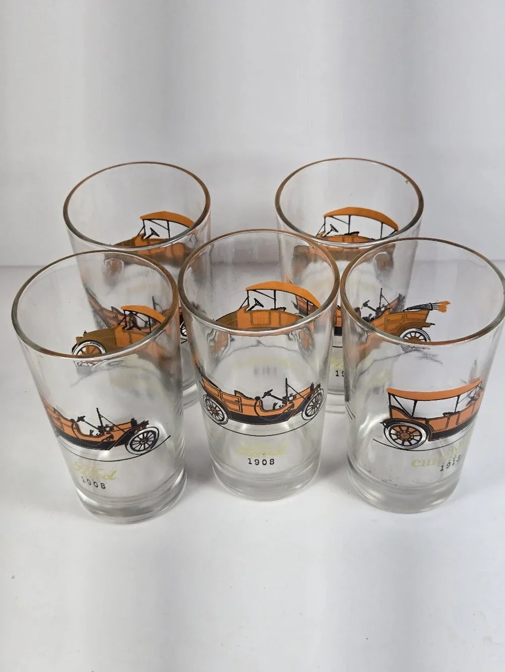 Vintage Atlas Glass Tumblers 1908 Mode T Ford and 1913 Chevrolet On Each Glass